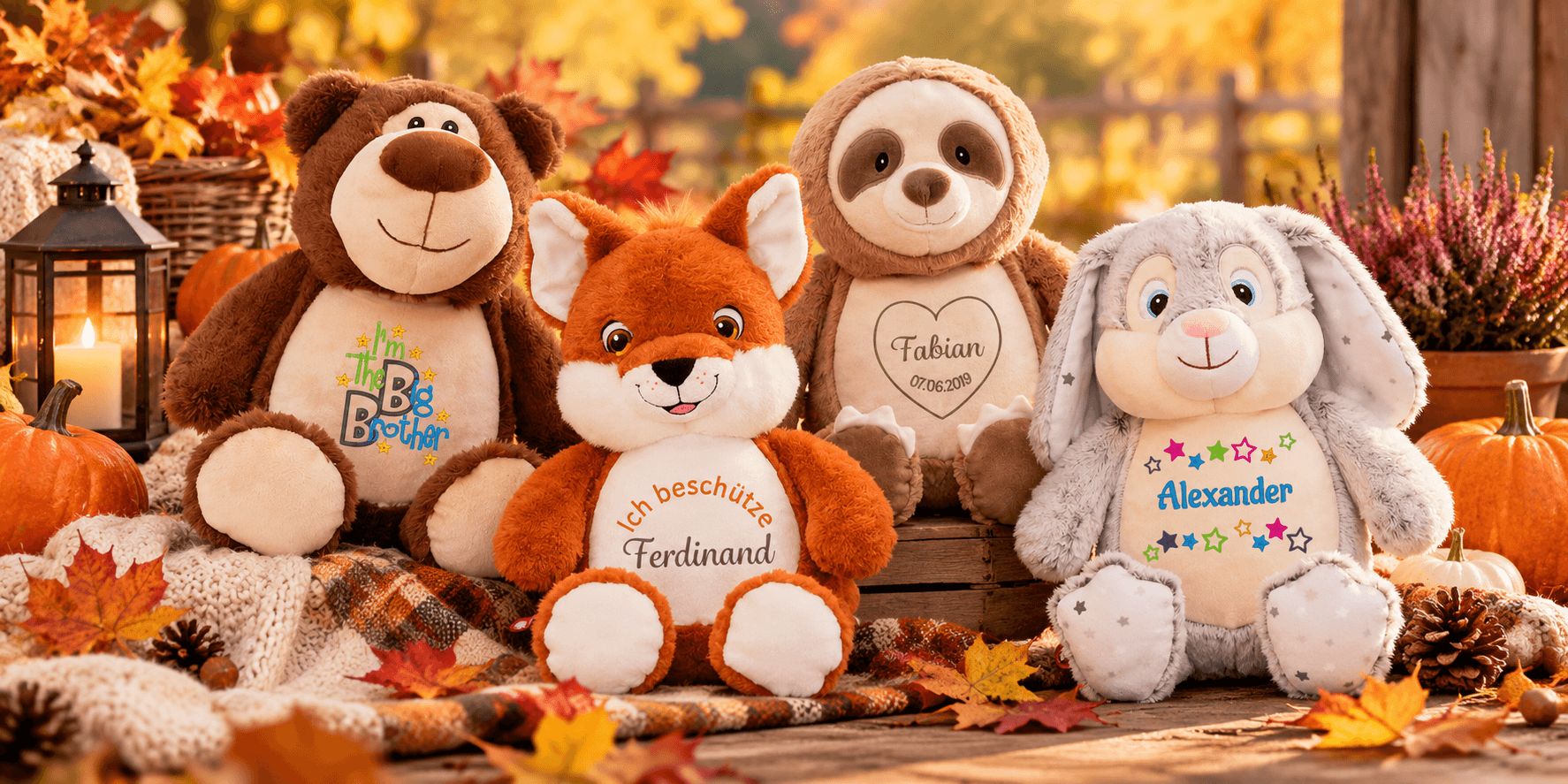 Personalisierte Kuscheltiere mit Namen und Motiven bestickt